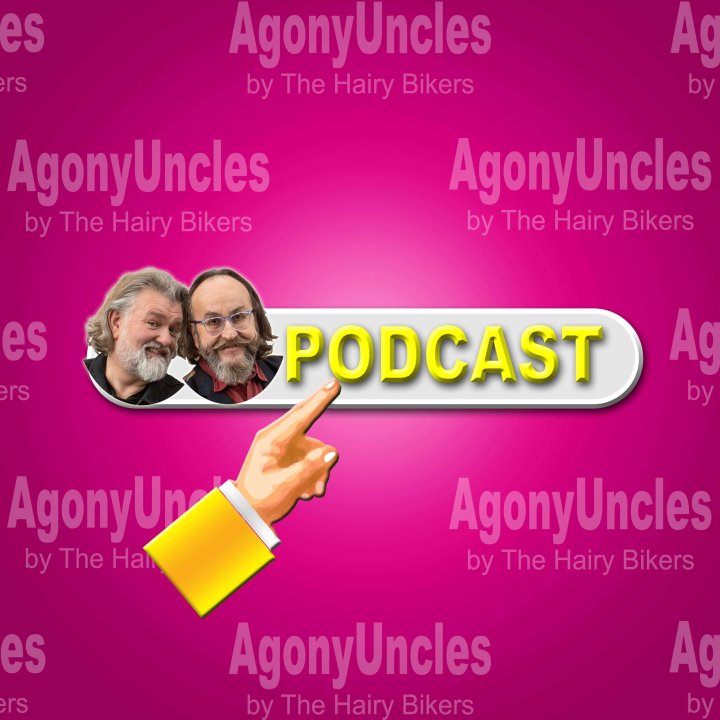 Graphic image of headshots of Si & Dave showing a web button with the word PODCAST on a deep pink background