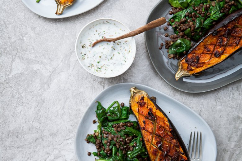 Aubergines with Harissa, Lentils and Greens