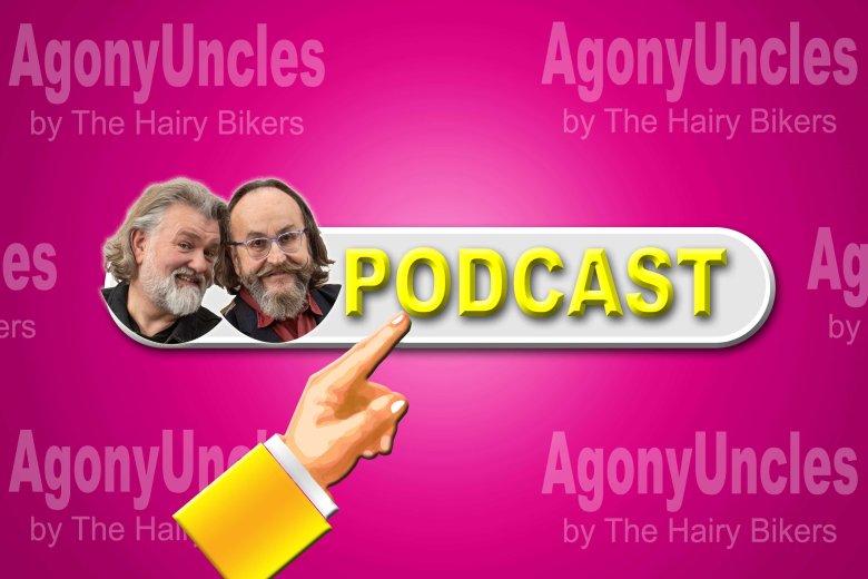 Graphic image of headshots of Si & Dave showing a web button with the word PODCAST on a deep pink background