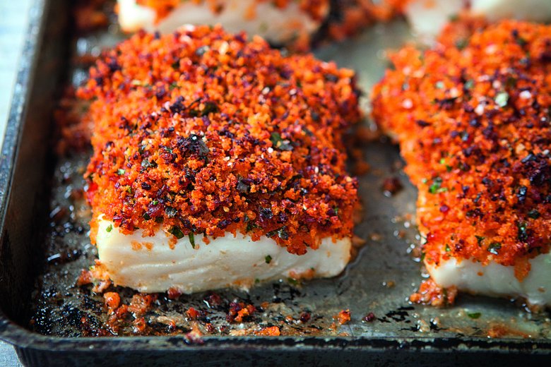 Baked fish with chorizo crust