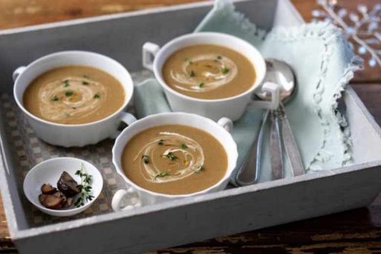 3 bowls of Chestnut roasted butternut squash and Bramley apple soup nestling in a white high-sided tray