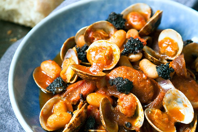 Chorizo, clams and white beans