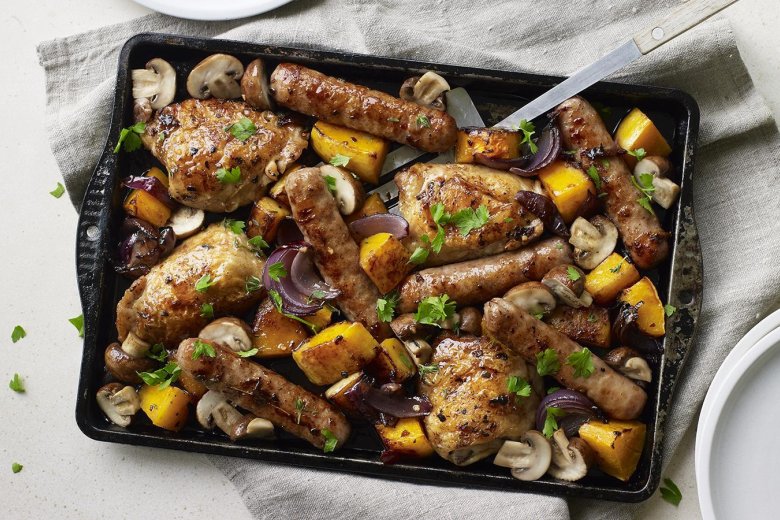 Sausage, chicken and squash traybake