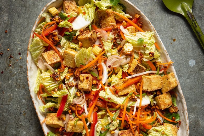 A Thai Tofu Salad packed with crunchy carrots and wholesome tofu from the Hairy Bikers' Simple Healthy Food cookbook.
