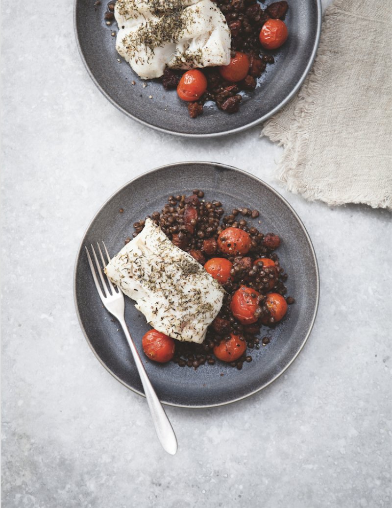 Roast Cod with Lentils