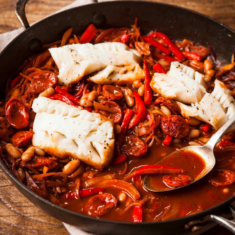 Cod with chorizo and white beans