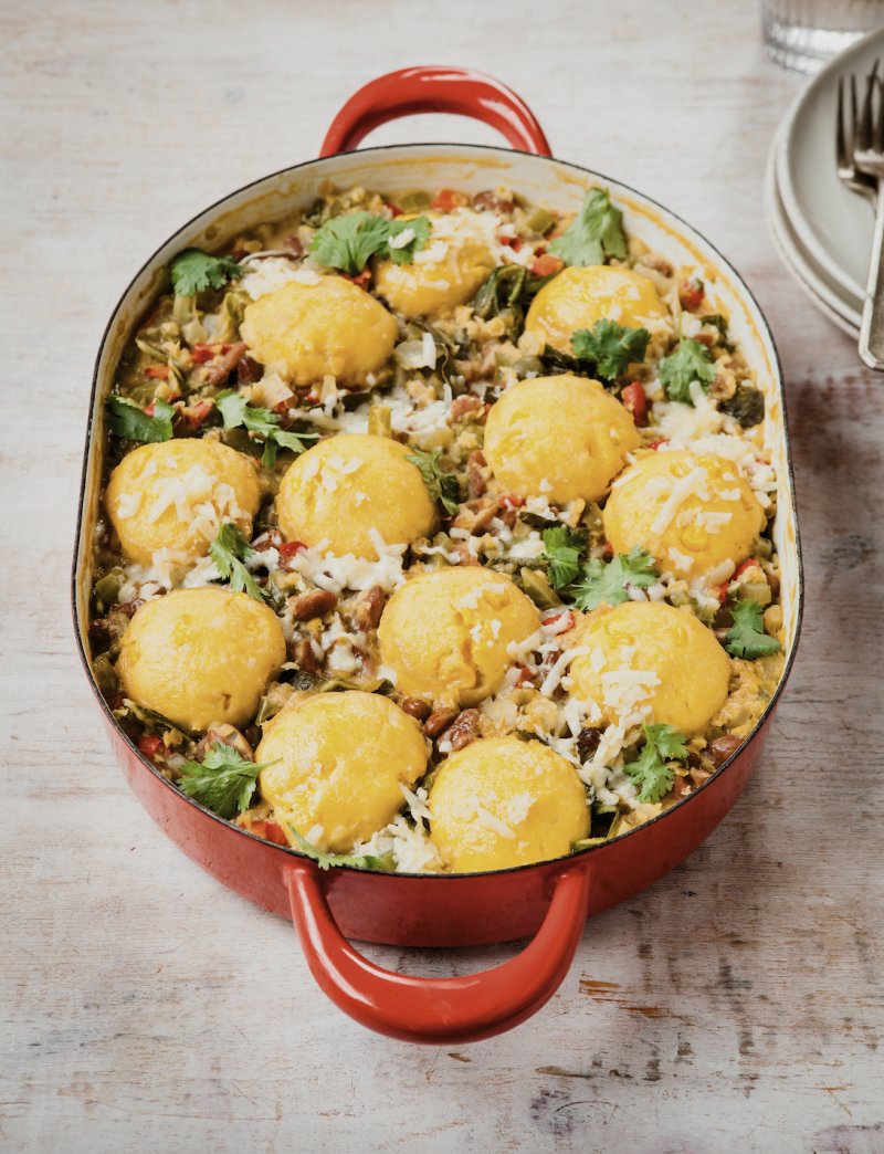 Veggie chilli with cornmeal dumplings