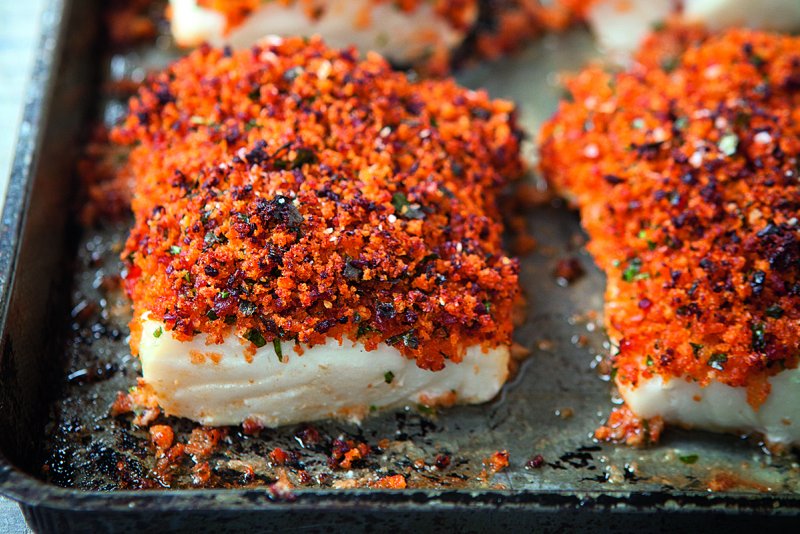 Baked fish with chorizo crust