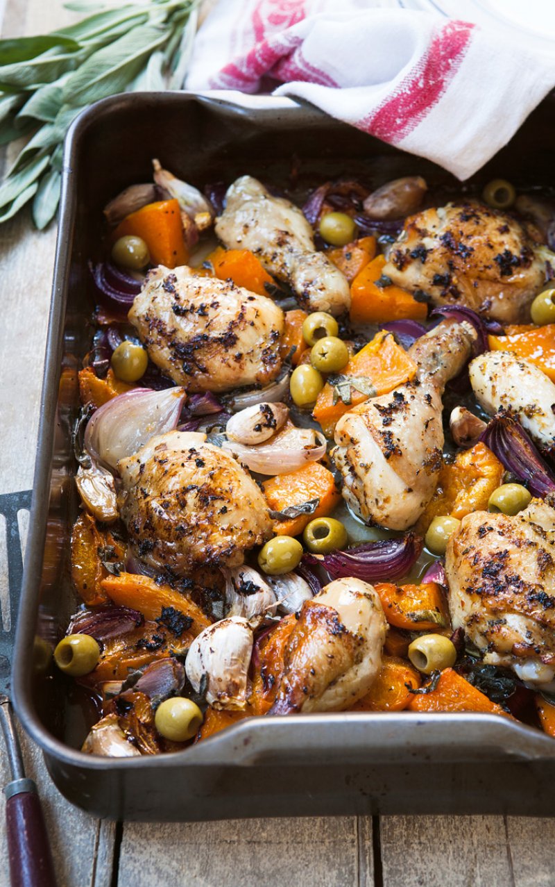 Chicken and Sage Traybake presented in a rectangular oven dish