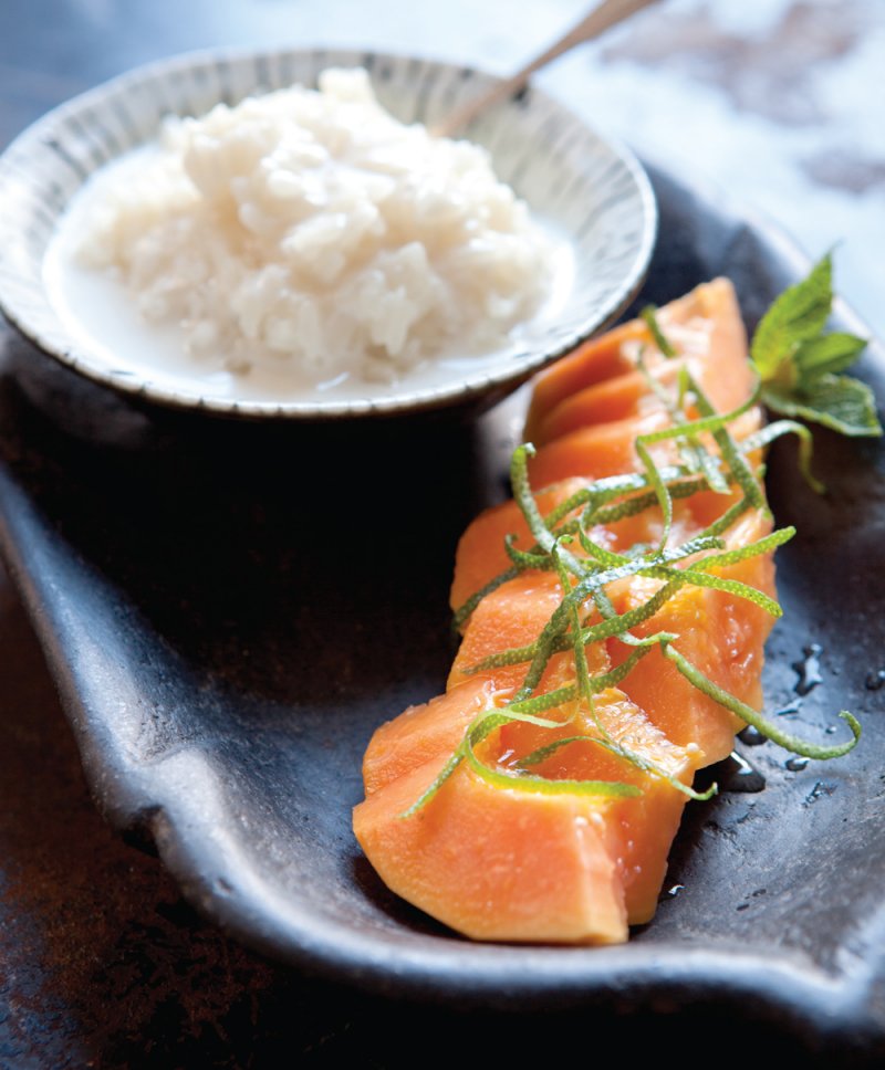 Coconut and sticky rice pudding with lime and papaya salad